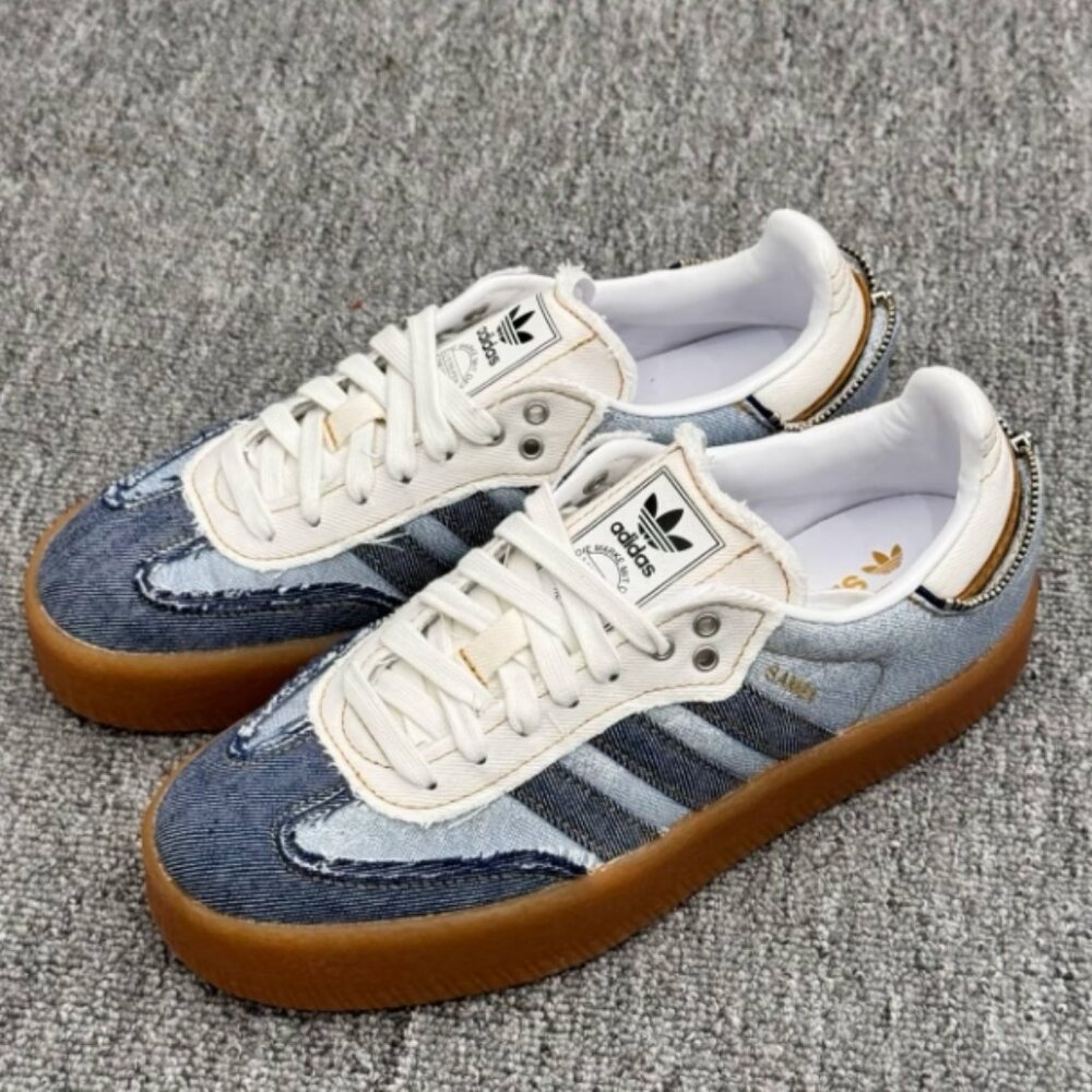 Adidas denim patchwork retro sneakers, distressed… - image 1